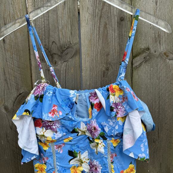 Nanette Lepore Swimsuit One Piece Floral Ruffle Blue Medium NWT Beach Vacation - Picture 3 of 9